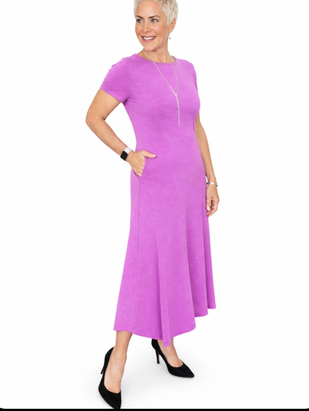 Joan Rivers Vibrant Orchid Purple Short-Sleeve Button Back Knit midi Dress Sz M